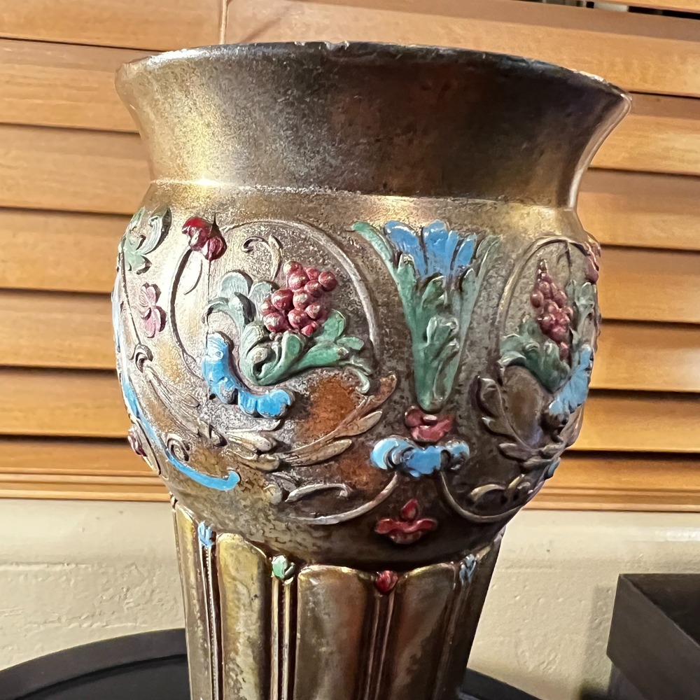 Vintage Etched Brass & Enamel Floral Vase Boho Decor 9.5 Inch Tall - Picture 3 of 15